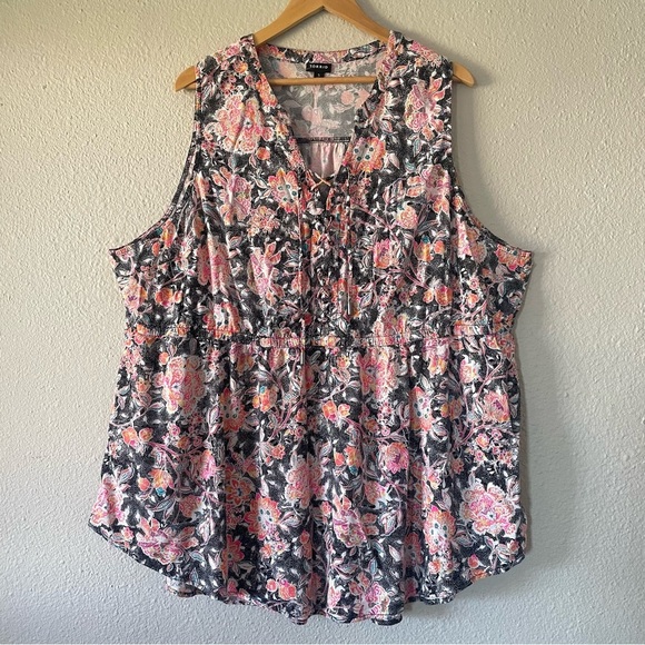 TORRID Babydoll Challis Lace Up Tunic Top Women’s Plus 5X Floral Flowy Pockets - Picture 2 of 14